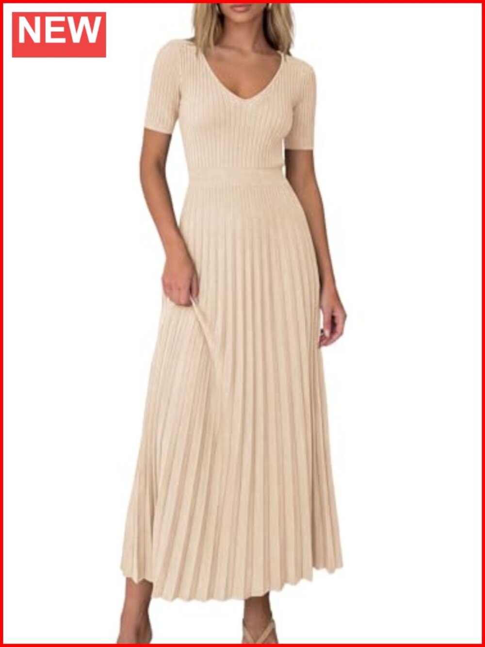 Women's Midi Pleated Knit Sweater Dress V-Neck Short Sleeve A-Line